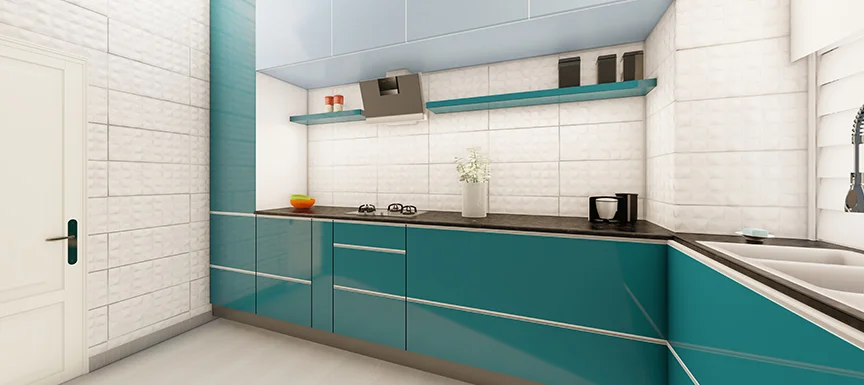 Teal and grey color kitchen cabinets